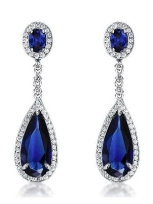 Silver Plated Pear Cut Created Sapphire Drop Earrings for Women