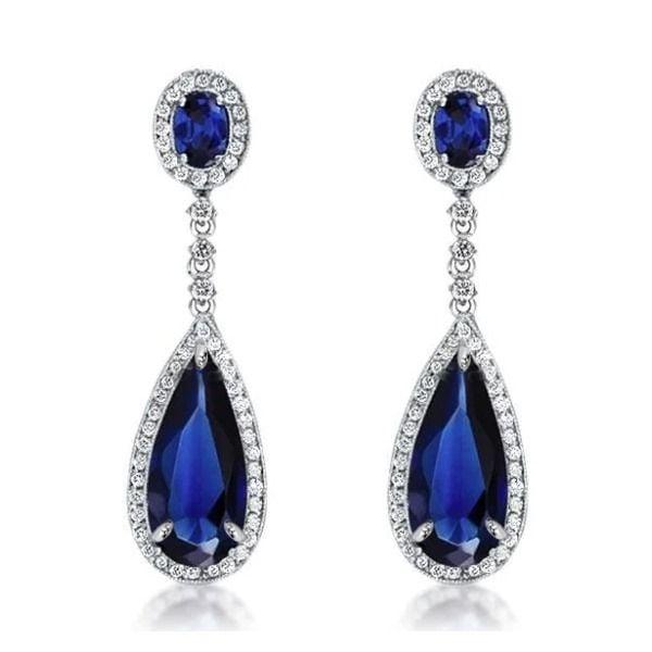 Silver Plated Pear Cut Created Sapphire Drop Earrings for Women