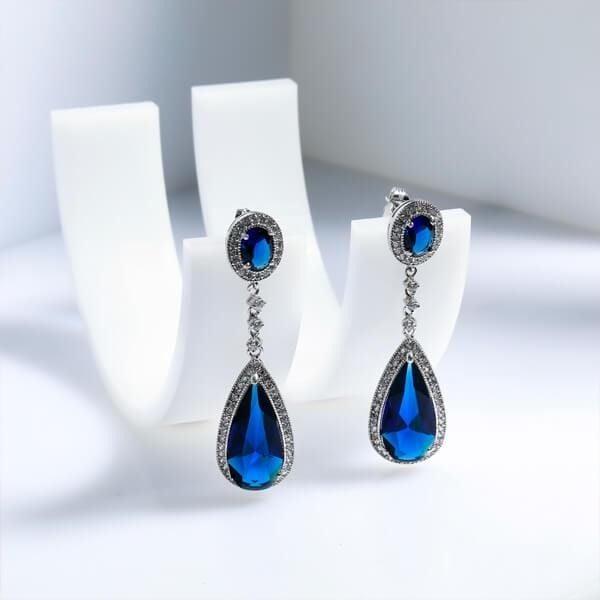 Silver Plated Pear Cut Created Sapphire Drop Earrings for Women