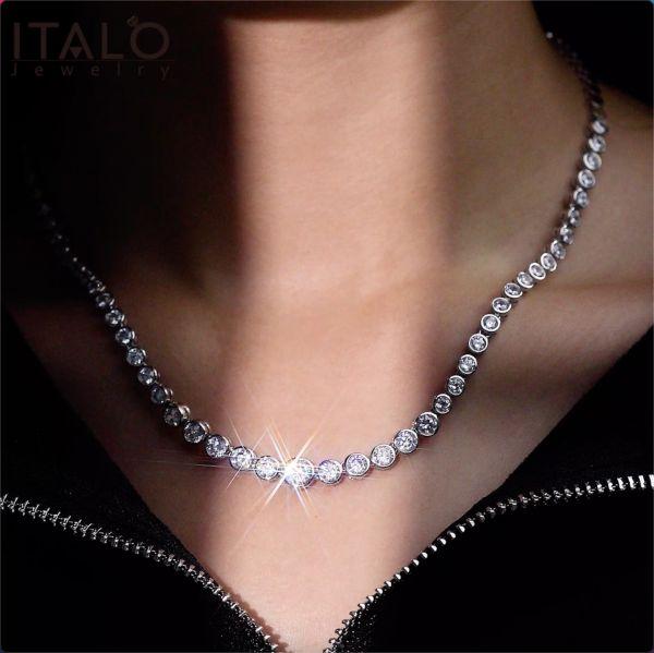 Classic Bezel Round Cut Tennis Necklace in Rhodium-Plated 925 Sterling Silver