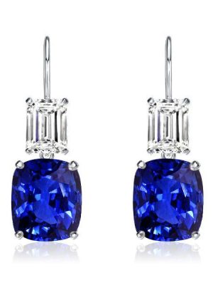 Emerald & Cushion Cut Blue Sapphire Drop Earrings in Sterling Silver