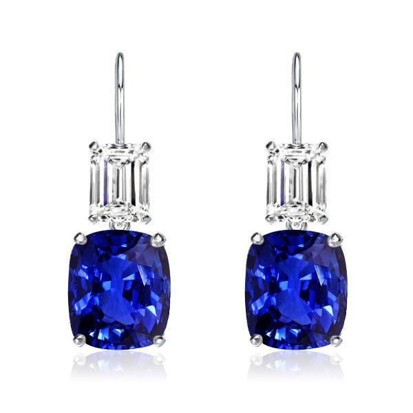 Emerald & Cushion Cut Blue Sapphire Drop Earrings in Sterling Silver