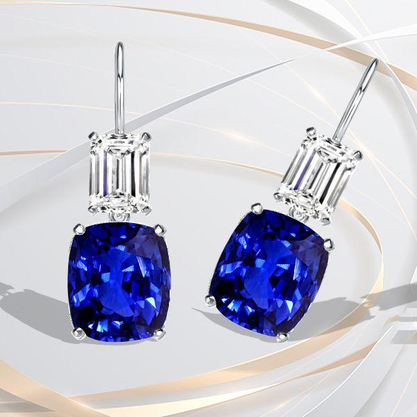 Emerald & Cushion Cut Blue Sapphire Drop Earrings in Sterling Silver