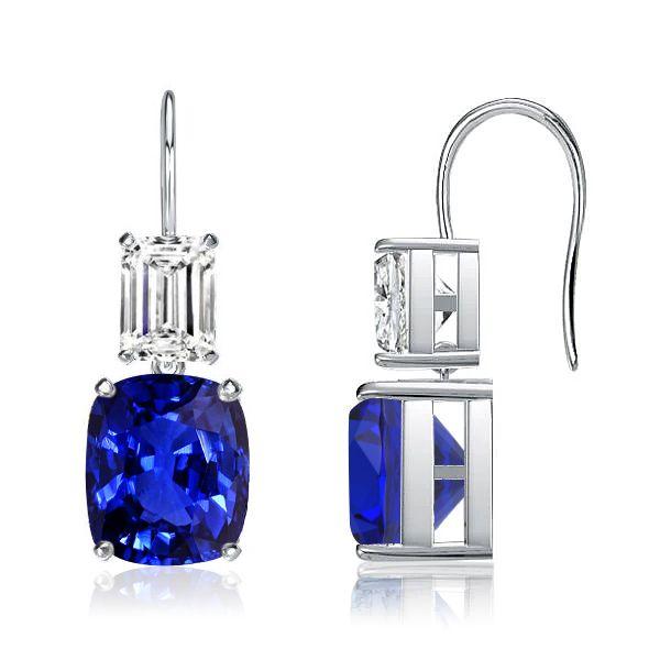 Emerald & Cushion Cut Blue Sapphire Drop Earrings in Sterling Silver