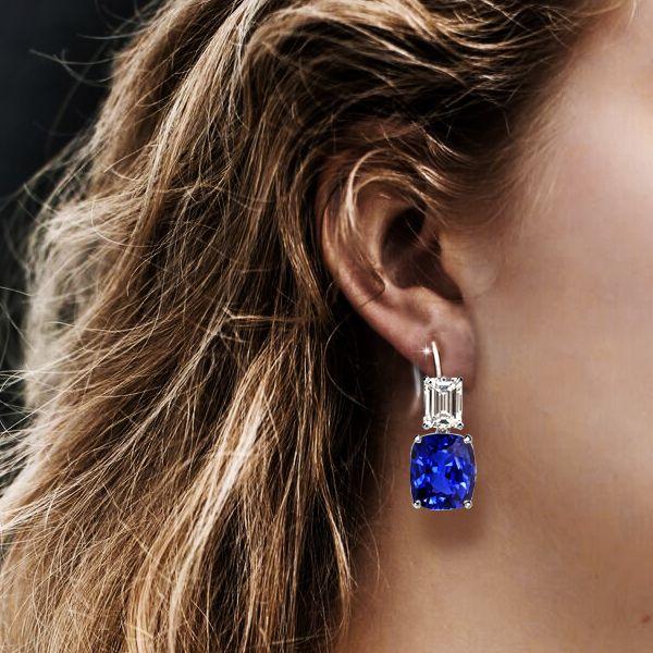 Emerald & Cushion Cut Blue Sapphire Drop Earrings in Sterling Silver