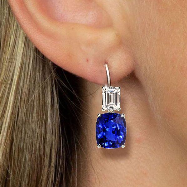 Emerald & Cushion Cut Blue Sapphire Drop Earrings in Sterling Silver