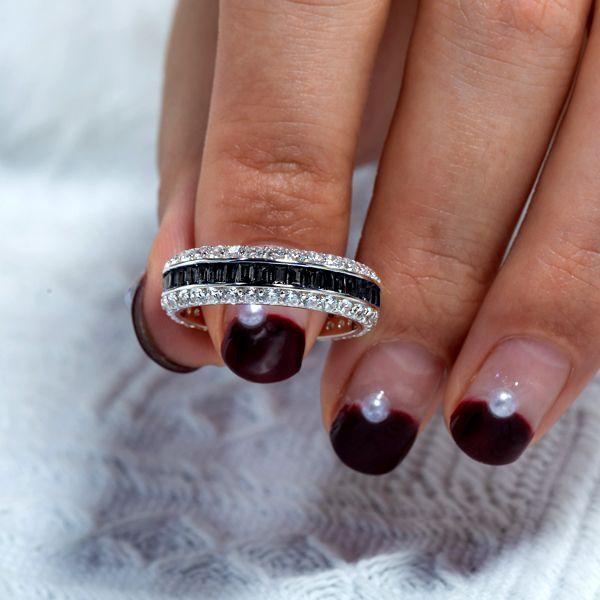 Black Baguette CZ Eternity Wedding Band in Sterling Silver - Available in Silver, Gold & Rose Gold