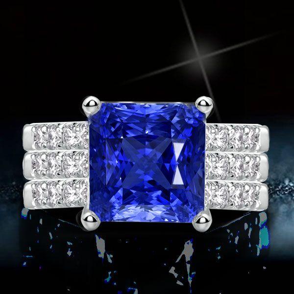 Princess Cut Blue Sapphire 3-Piece Sterling Silver Wedding Set