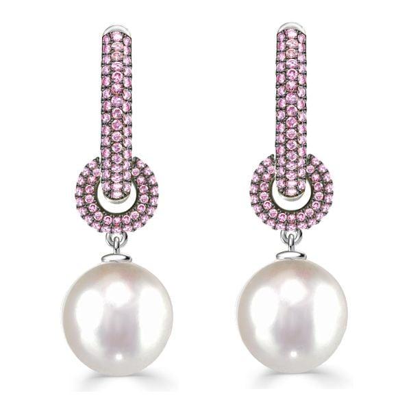 Pink Sapphire and Pearl Drop Earrings for Women in Rhodium-Plated Sterling Silver