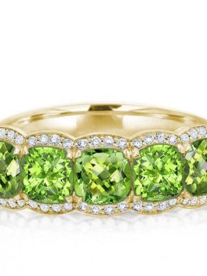 Cushion Cut Peridot Wedding Band - 18K Gold Plated Sterling Silver Halo Ring