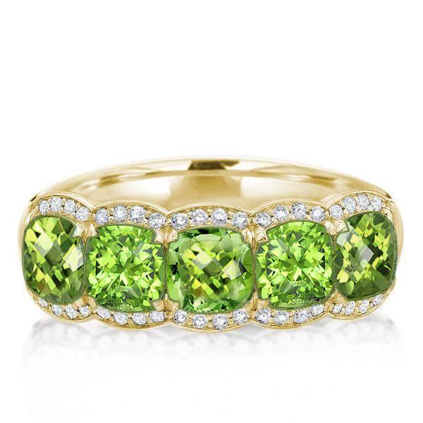 Cushion Cut Peridot Wedding Band - 18K Gold Plated Sterling Silver Halo Ring