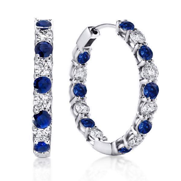 Sterling Silver Hoop Earrings - Blue & White Round Design, Classic Style