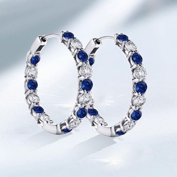 Sterling Silver Hoop Earrings - Blue & White Round Design, Classic Style