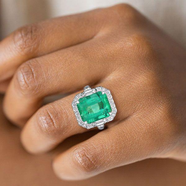 Halo Emerald Cut Green Simulated Emerald Sterling Silver Engagement Ring