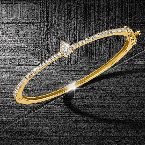 18K Gold Plated Sterling Silver Halo Round Cut Bangle Bracelet for Women (7 Inch)