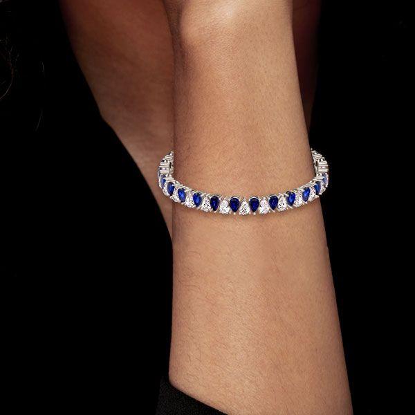 White & Blue Sapphire Pear Cut Tennis Bracelet - 925 Sterling Silver