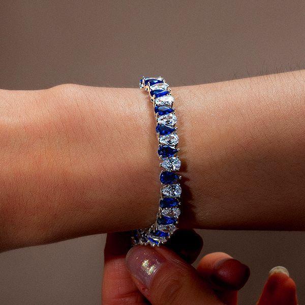 White & Blue Sapphire Pear Cut Tennis Bracelet - 925 Sterling Silver