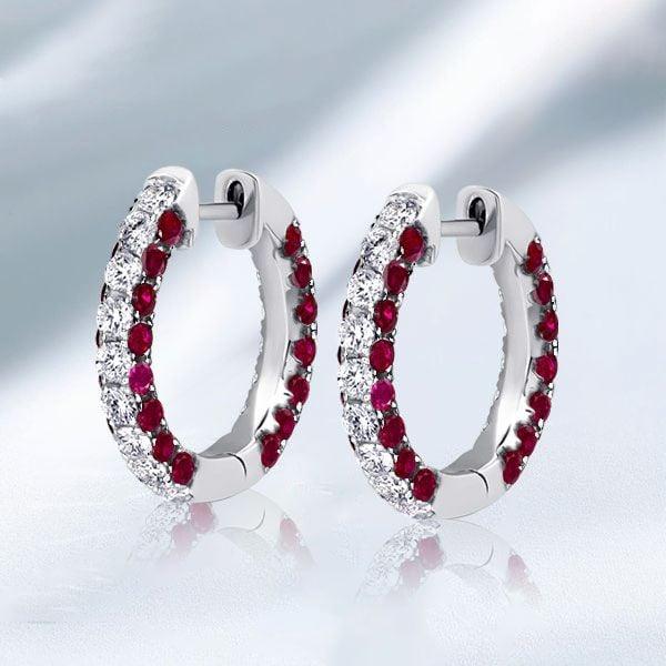 3-Sided Ruby Hoop Earrings for Women in 925 Sterling Silver