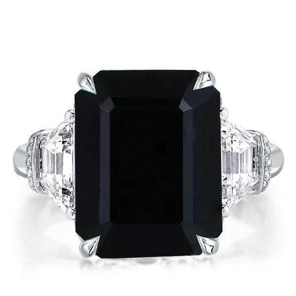 Black Sterling Silver Emerald Cut Three Stone Ring