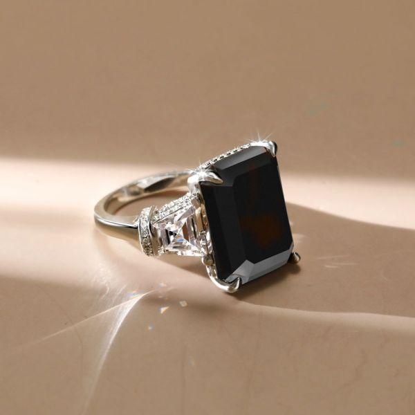 Black Sterling Silver Emerald Cut Three Stone Ring