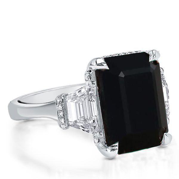 Black Sterling Silver Emerald Cut Three Stone Ring