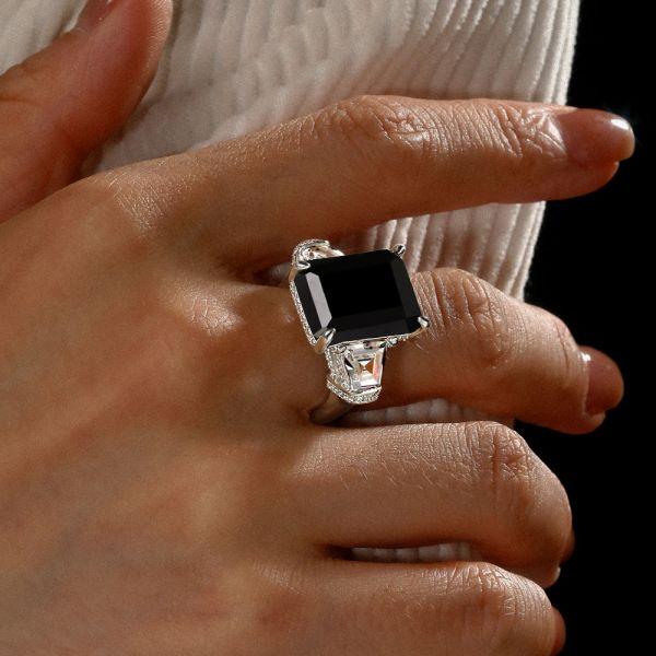 Black Sterling Silver Emerald Cut Three Stone Ring