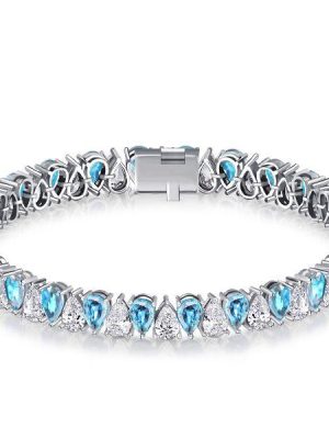 Pear Cut Aquamarine & White CZ Tennis Bracelet in Sterling Silver
