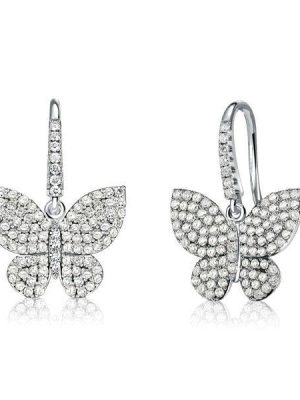 Sterling Silver Dancing Butterfly Earrings with White Sapphire Drops for Women