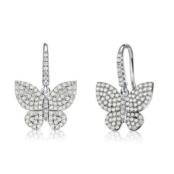 Sterling Silver Dancing Butterfly Earrings with White Sapphire Drops for Women