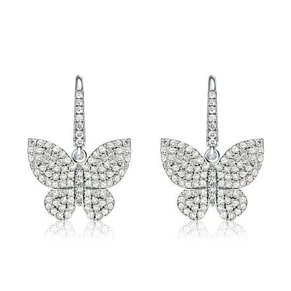 Sterling Silver Dancing Butterfly Earrings with White Sapphire Drops for Women