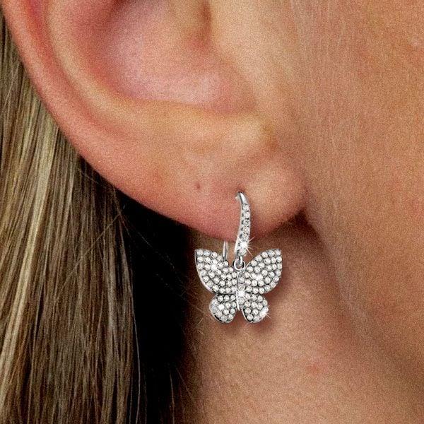 Sterling Silver Dancing Butterfly Earrings with White Sapphire Drops for Women