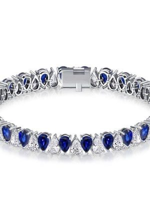 White and Blue Sapphire Pear Cut Tennis Bracelet in Sterling Silver