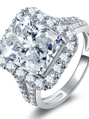 Halo Created White Sapphire Engagement Ring - Sterling Silver Split Shank