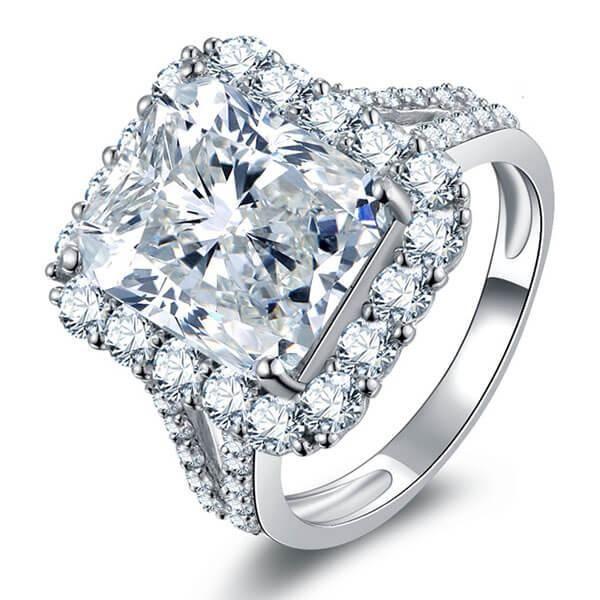 Halo Created White Sapphire Engagement Ring - Sterling Silver Split Shank