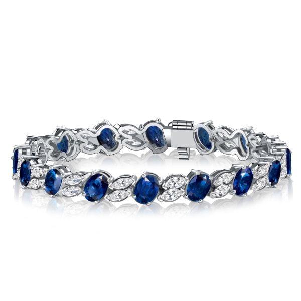 925 Sterling Silver Blue Sapphire Bracelet with Oval & Marquise Cut Stones for Weddings