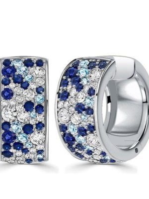 Blue Sapphire Huggie Hoop Earrings in Rhodium-Plated Sterling Silver - Multi Row Design