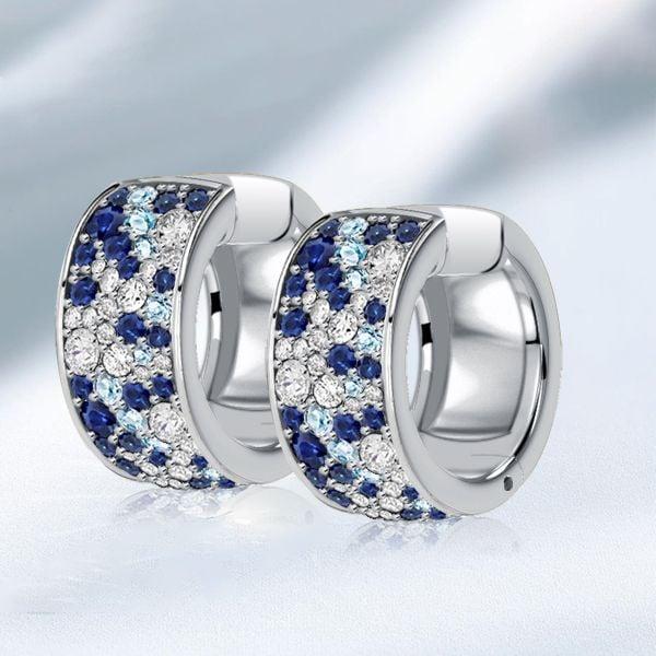 Blue Sapphire Huggie Hoop Earrings in Rhodium-Plated Sterling Silver - Multi Row Design