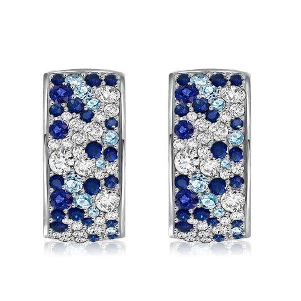 Blue Sapphire Huggie Hoop Earrings in Rhodium-Plated Sterling Silver - Multi Row Design
