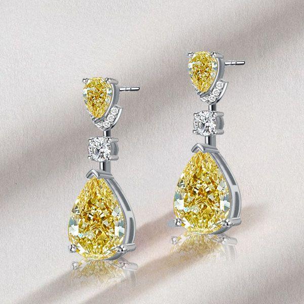 Pear Cut Yellow Topaz Drop Earrings in Rhodium Plated 925 Sterling Silver