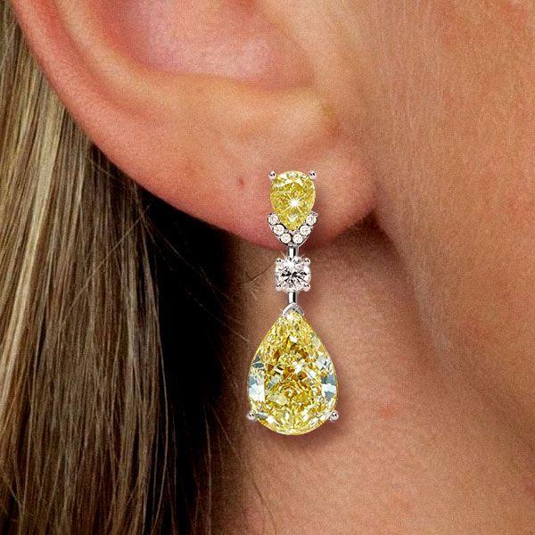 Pear Cut Yellow Topaz Drop Earrings in Rhodium Plated 925 Sterling Silver