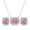 Pink Stone Cushion Cut Halo Necklace and Earrings Jewelry Set in Rhodium Plated Sterling Silver