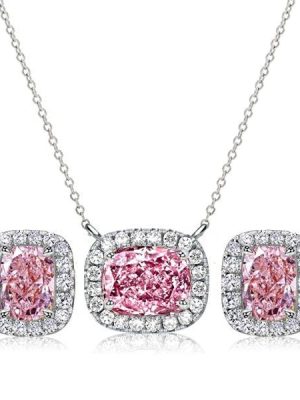 Pink Stone Cushion Cut Halo Necklace and Earrings Jewelry Set in Rhodium Plated Sterling Silver