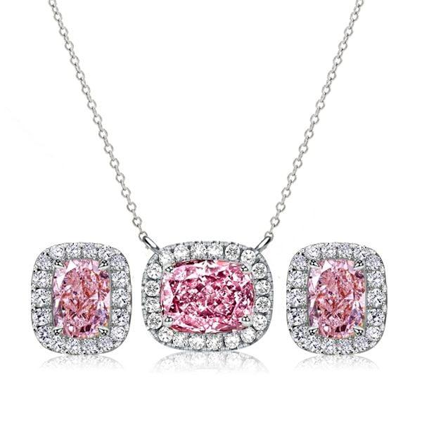 Pink Stone Cushion Cut Halo Necklace and Earrings Jewelry Set in Rhodium Plated Sterling Silver