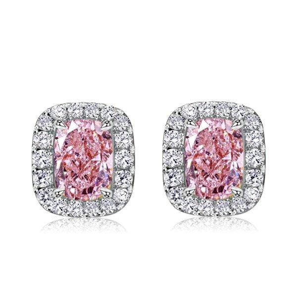 Pink Stone Cushion Cut Halo Necklace and Earrings Jewelry Set in Rhodium Plated Sterling Silver
