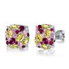 Multi-Color Stud Earrings with Yellow Topaz and Pink Ruby in Rhodium-Plated Sterling Silver