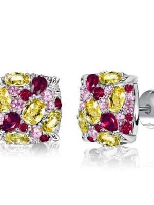 Multi-Color Stud Earrings with Yellow Topaz and Pink Ruby in Rhodium-Plated Sterling Silver