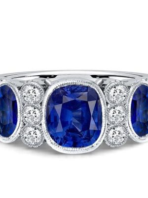 925 Sterling Silver Blue Sapphire Cushion Cut Half Eternity Band with Milgrain Bezel Setting