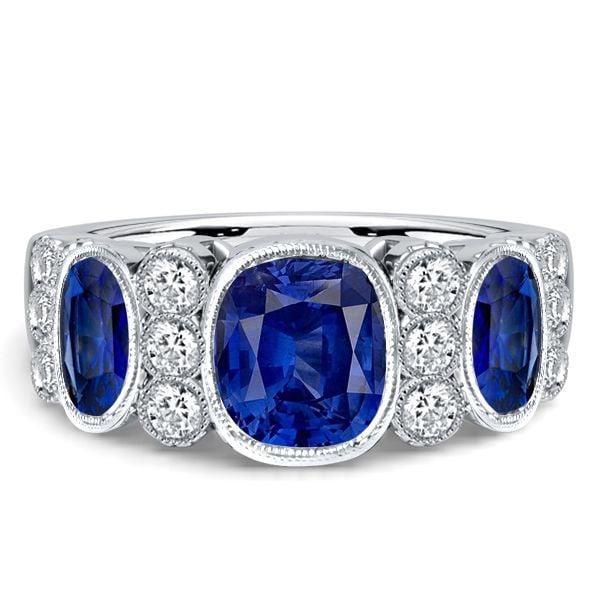 925 Sterling Silver Blue Sapphire Cushion Cut Half Eternity Band with Milgrain Bezel Setting