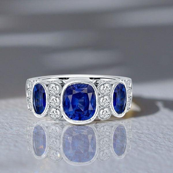 925 Sterling Silver Blue Sapphire Cushion Cut Half Eternity Band with Milgrain Bezel Setting
