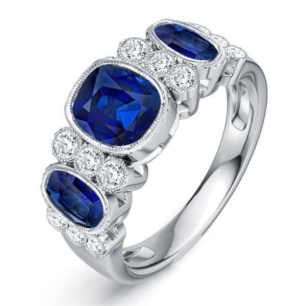925 Sterling Silver Blue Sapphire Cushion Cut Half Eternity Band with Milgrain Bezel Setting